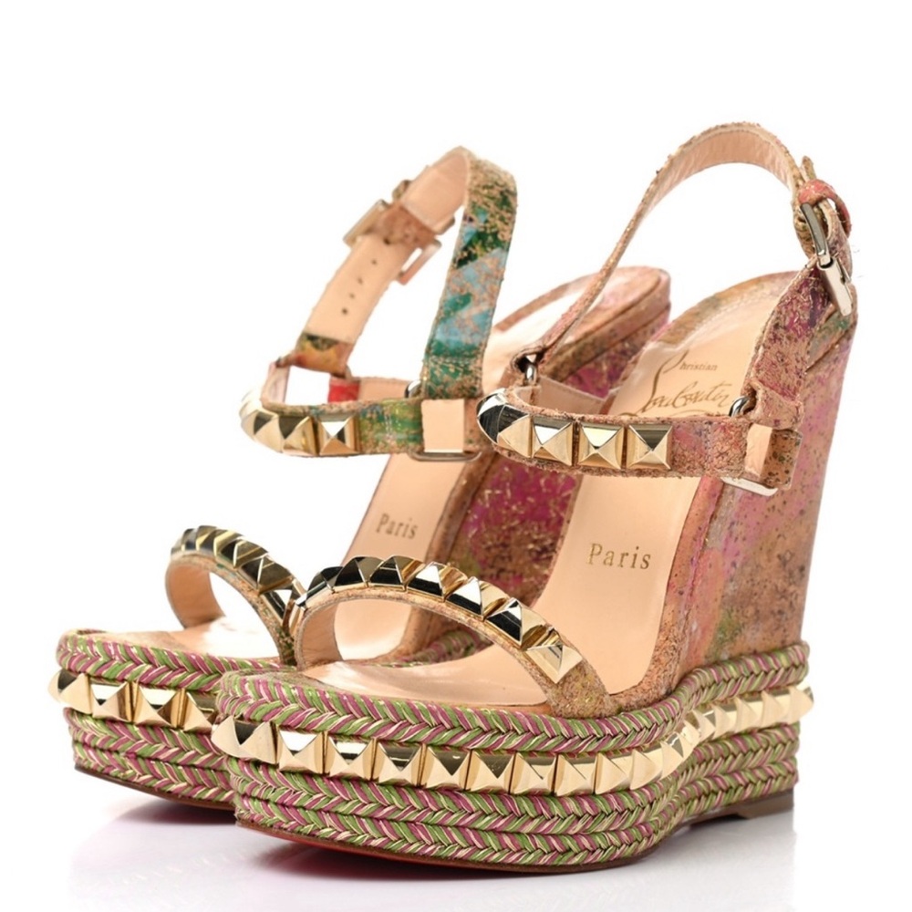 Authentic Louboutin Cork Bloom Print Cataclou Studded Wedge Sandals in Light Gol